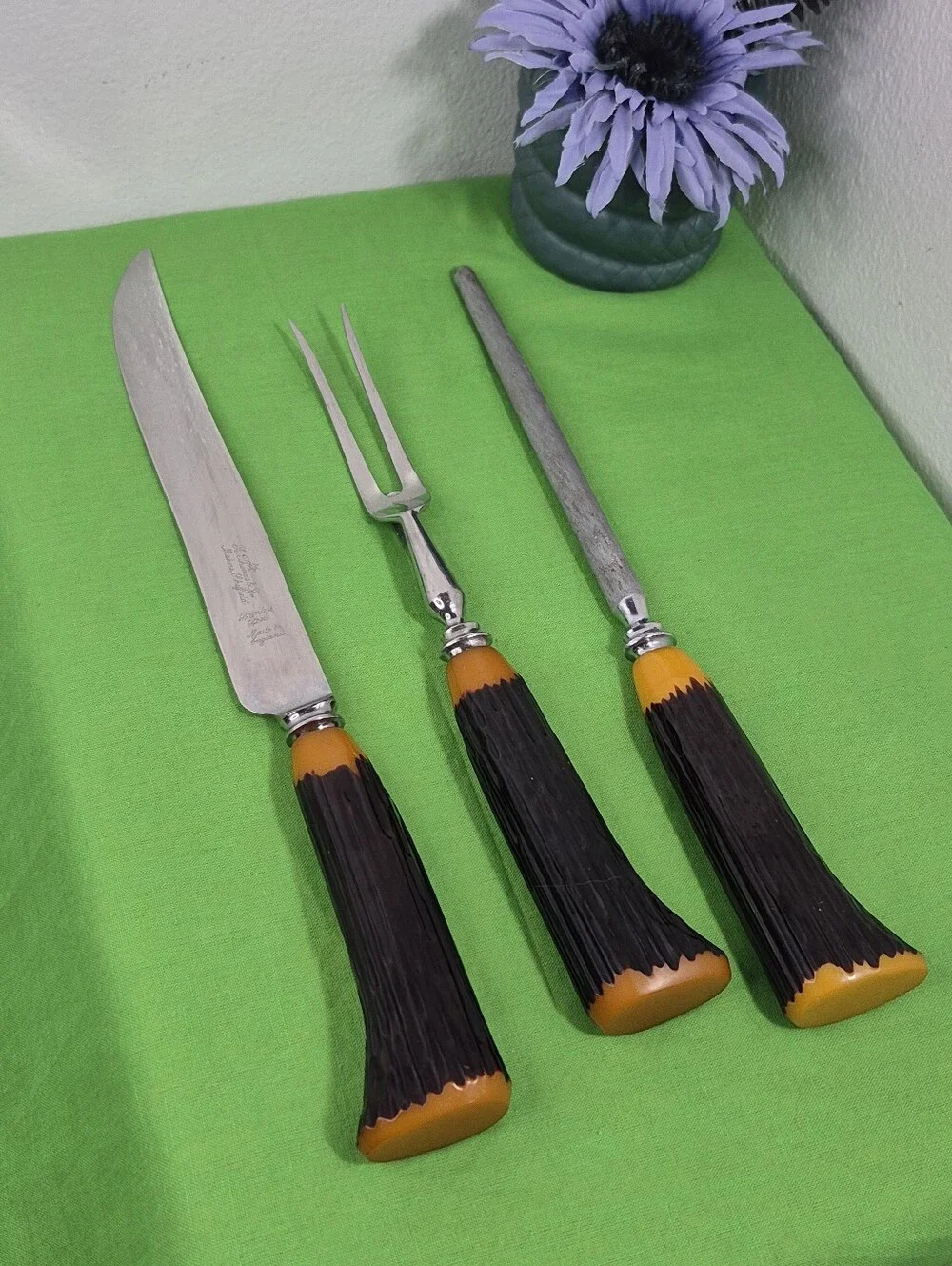 Vtg. B. Thomas & Co. MCM 3-Piece Bakelite Carving Knife Set Sheffield, England